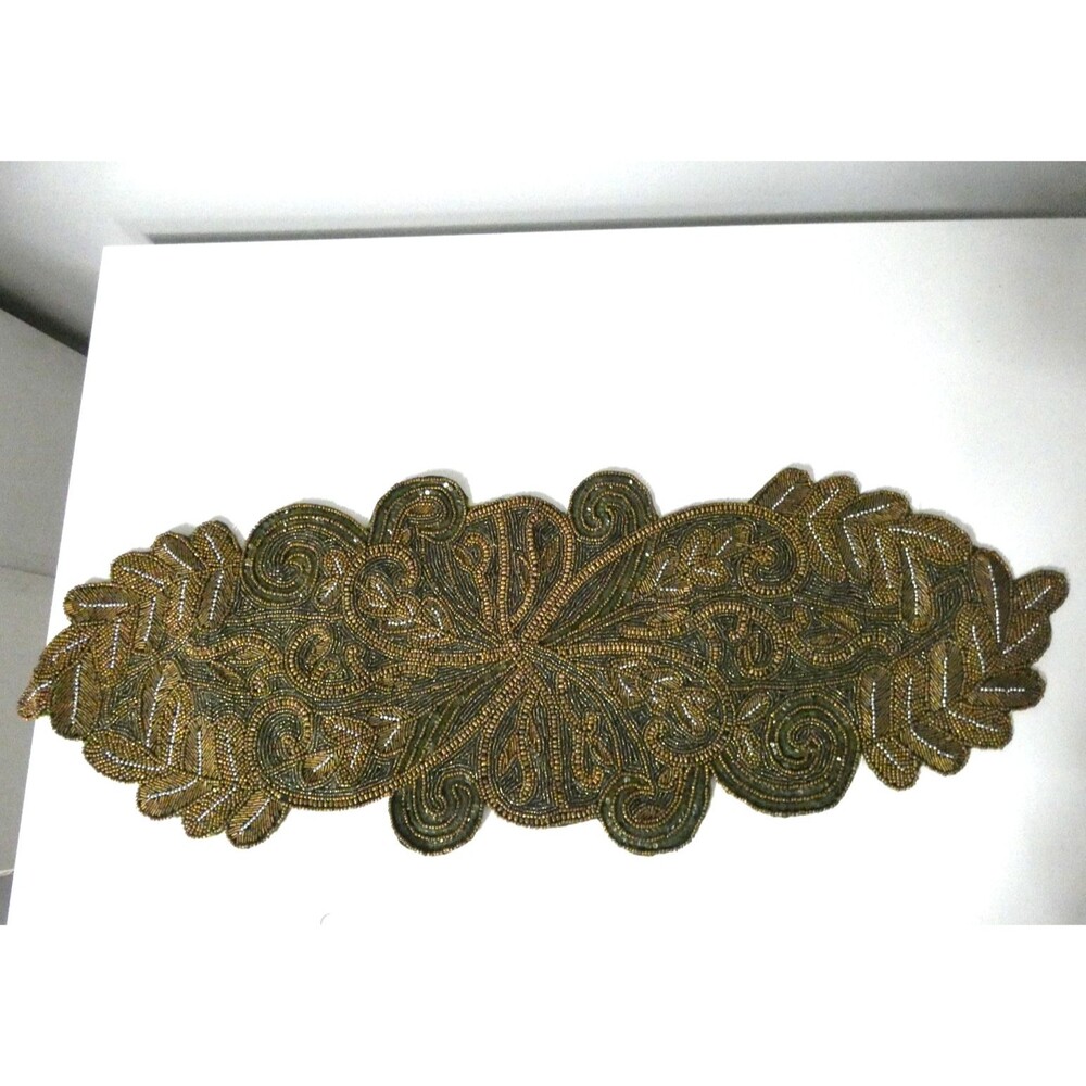 Pier 1 Imports New Heavily Beaded Table Runner Green Gold Autumn Leaf 35"x11"